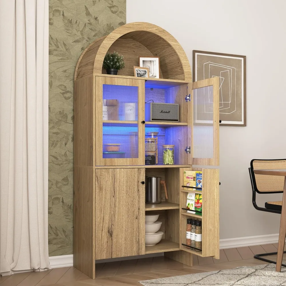 69" LED Tall Arched Kitchen Pantry Cabinet, Wood Kitchen Storage Hutch with 2 Large Drawers and Adjustable Shelves, Glass Dome 
69" LED Tall Arched Kitchen Pantry Cabinet, Wood Kitchen Storage Hutch with 2 Large Drawers and Adjustable Shelves, Glass Dome