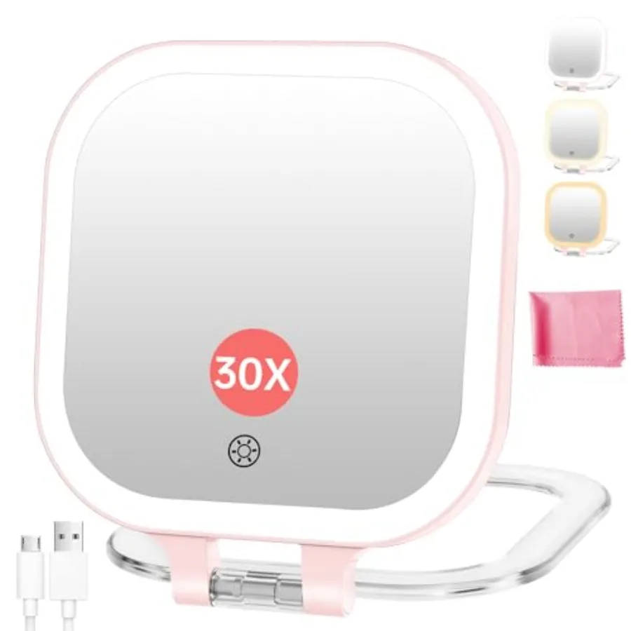 Rechargeable Travel Makeup Mirror 30X Magnification, 3.5" Lighted Portable Vanity Mirror with 3 Colors Lighting and Stepless Di
Rechargeable Travel Makeup Mirror 30X Magnification, 3.5" Lighted Portable Vanity Mirror with 3 Colors Lighting and Stepless Di