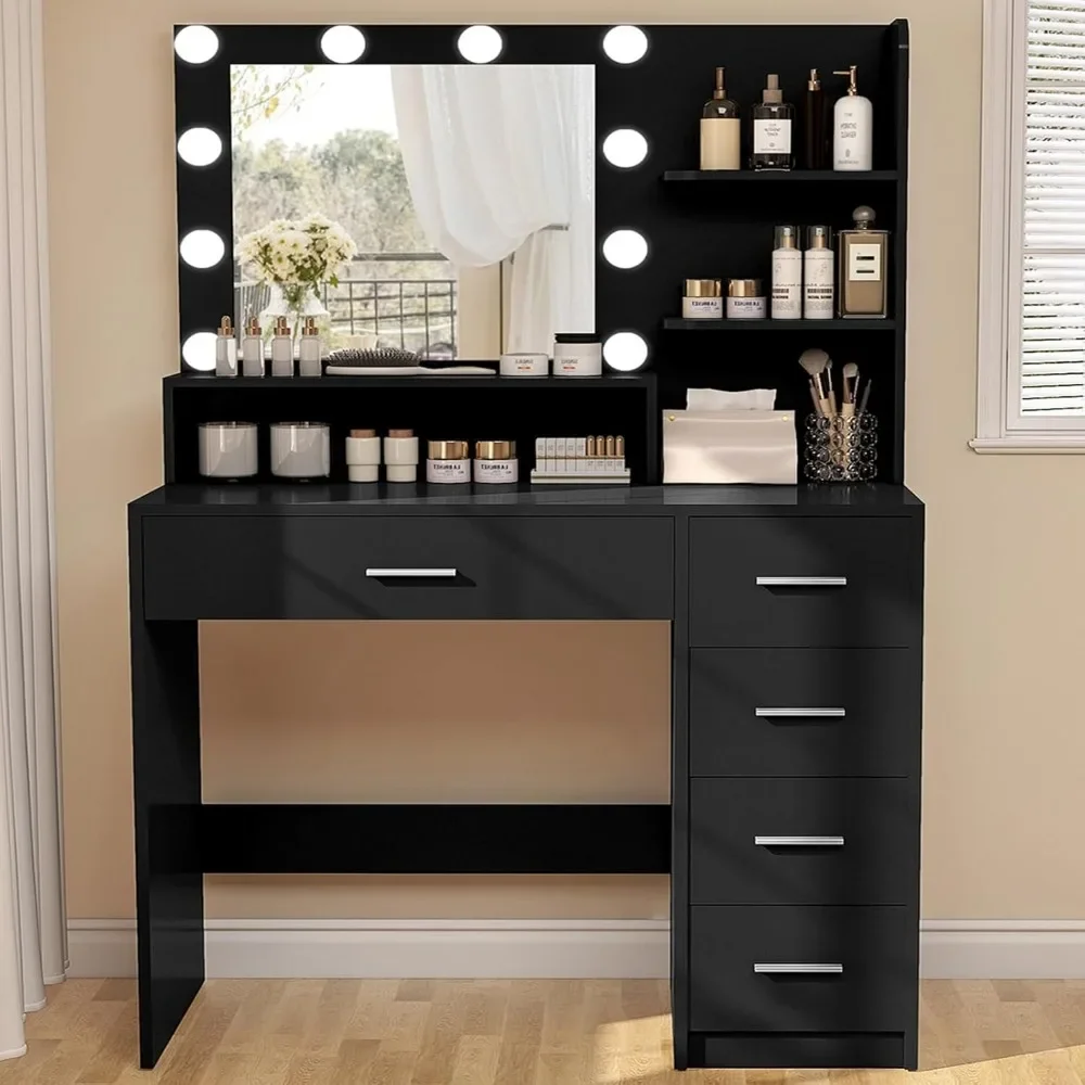 Makeup Vanity Desk with Mirror, 10 Lights, 5 Drawers, 3 Storage Shelves, 3 Color Modes & Adjustable Brightness Dressing Table
Makeup Vanity Desk with Mirror, 10 Lights, 5 Drawers, 3 Storage Shelves, 3 Color Modes & Adjustable Brightness Dressing Table