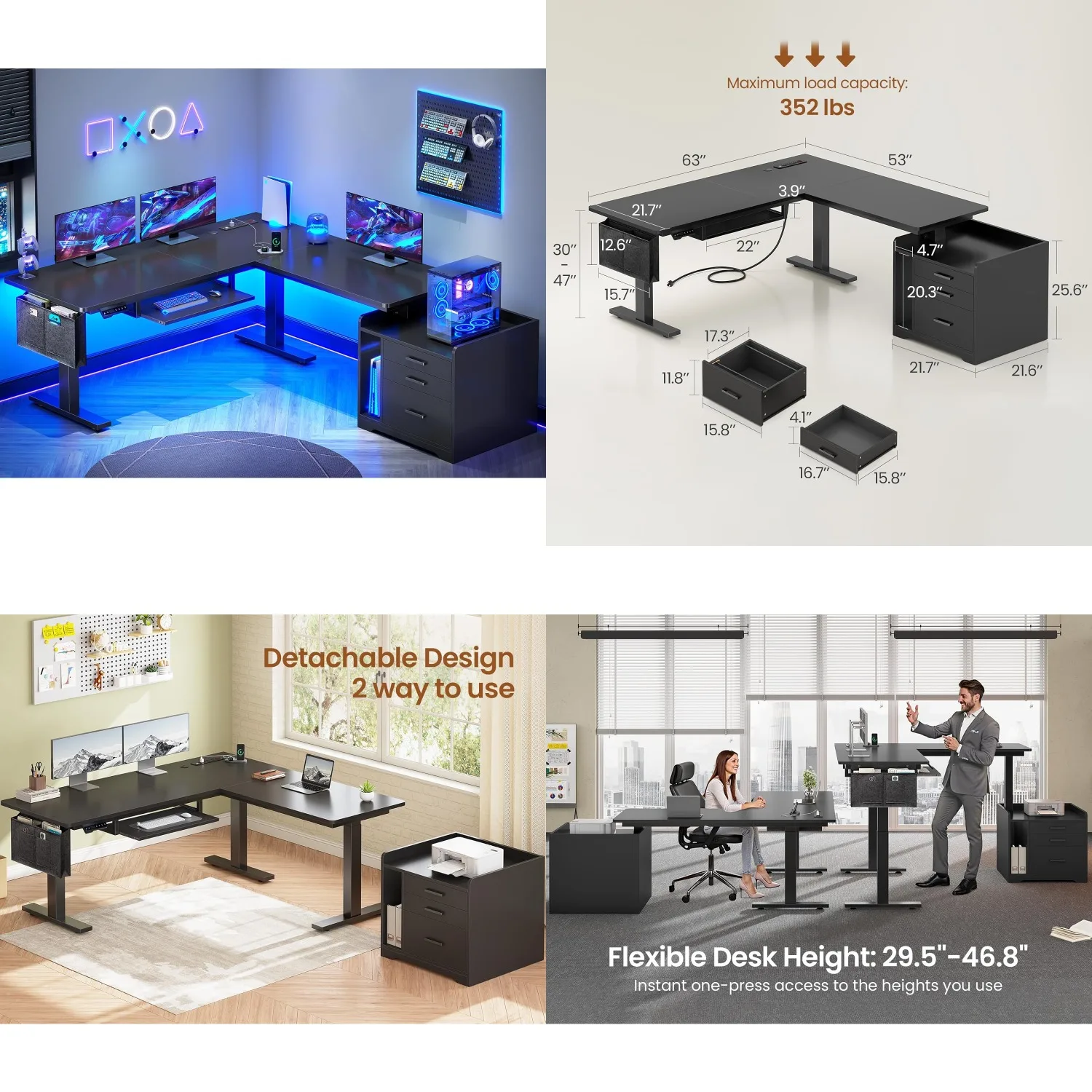 L-Shaped Electric Standing Desk 63x53in Height Adjustable File Cabinet Drawers Power Outlet Gaming LED Lights , Customized
L-Shaped Electric Standing Desk 63x53in Height Adjustable File Cabinet Drawers Power Outlet Gaming LED Lights , Customized