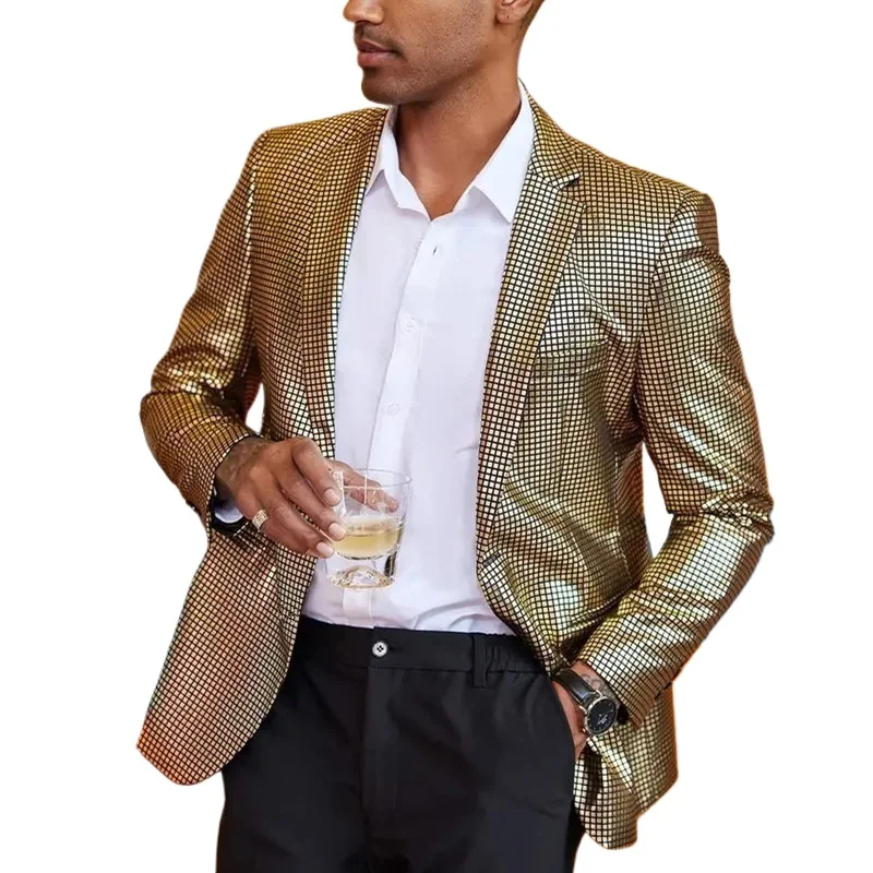Gold Stretch Men's Suit Jacket, Wedding Party Performance Outerwear, Square Check Pattern Accents Blazers, European Sizes Tops.
Gold Stretch Men's Suit Jacket, Wedding Party Performance Outerwear, Square Check Pattern Accents Blazers, European Sizes Tops.