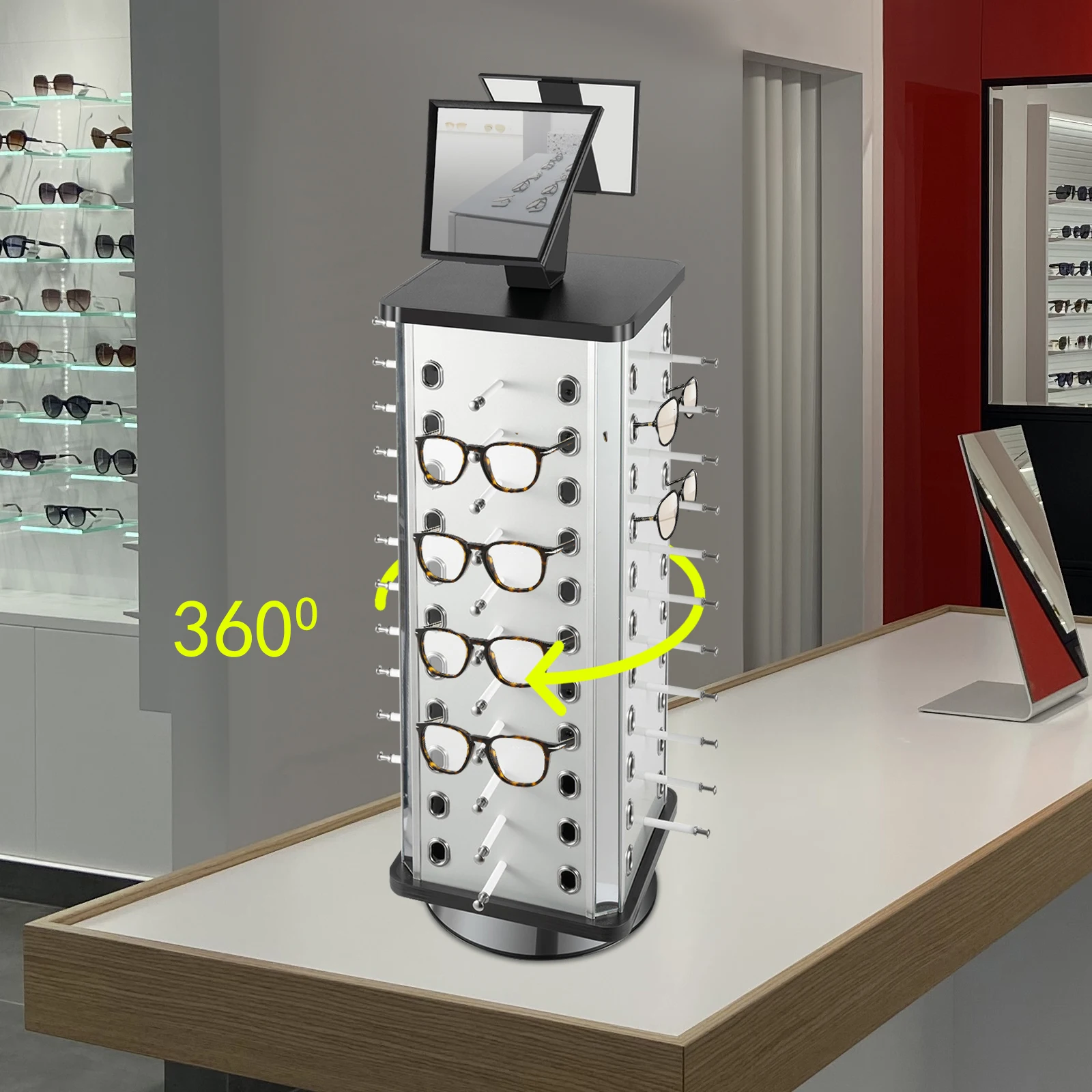 44 Pairs Rotating Eyeglasses Display Stand with 2 Mirrors 86cm Large Capacity Freestanding Sunglass Holder for Shops
44 Pairs Rotating Eyeglasses Display Stand with 2 Mirrors 86cm Large Capacity Freestanding Sunglass Holder for Shops