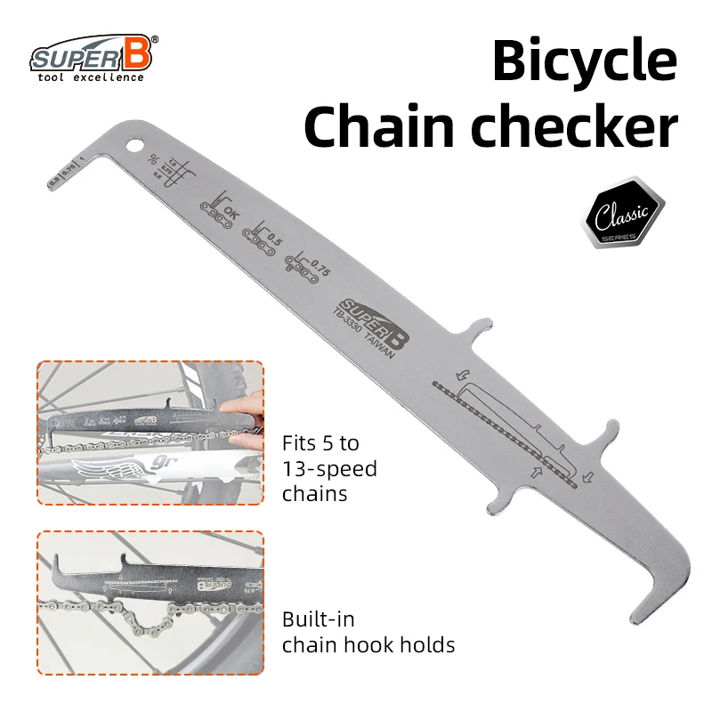 Super B Bicycle Repair Tools 2-in-1 Chain Checker and Chain Hook Chain Wear for Timely Replacement Tool Fits 5 to 13 Speed Chain
Super B Bicycle Repair Tools 2-in-1 Chain Checker and Chain Hook Chain Wear for Timely Replacement Tool Fits 5 to 13 Speed Chain