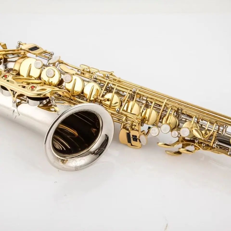 Western wind instrument saxophone, Liuzhe alto saxophone, white nickel gold, factory direct sales w-037
Western wind instrument saxophone, Liuzhe alto saxophone, white nickel gold, factory direct sales w-037