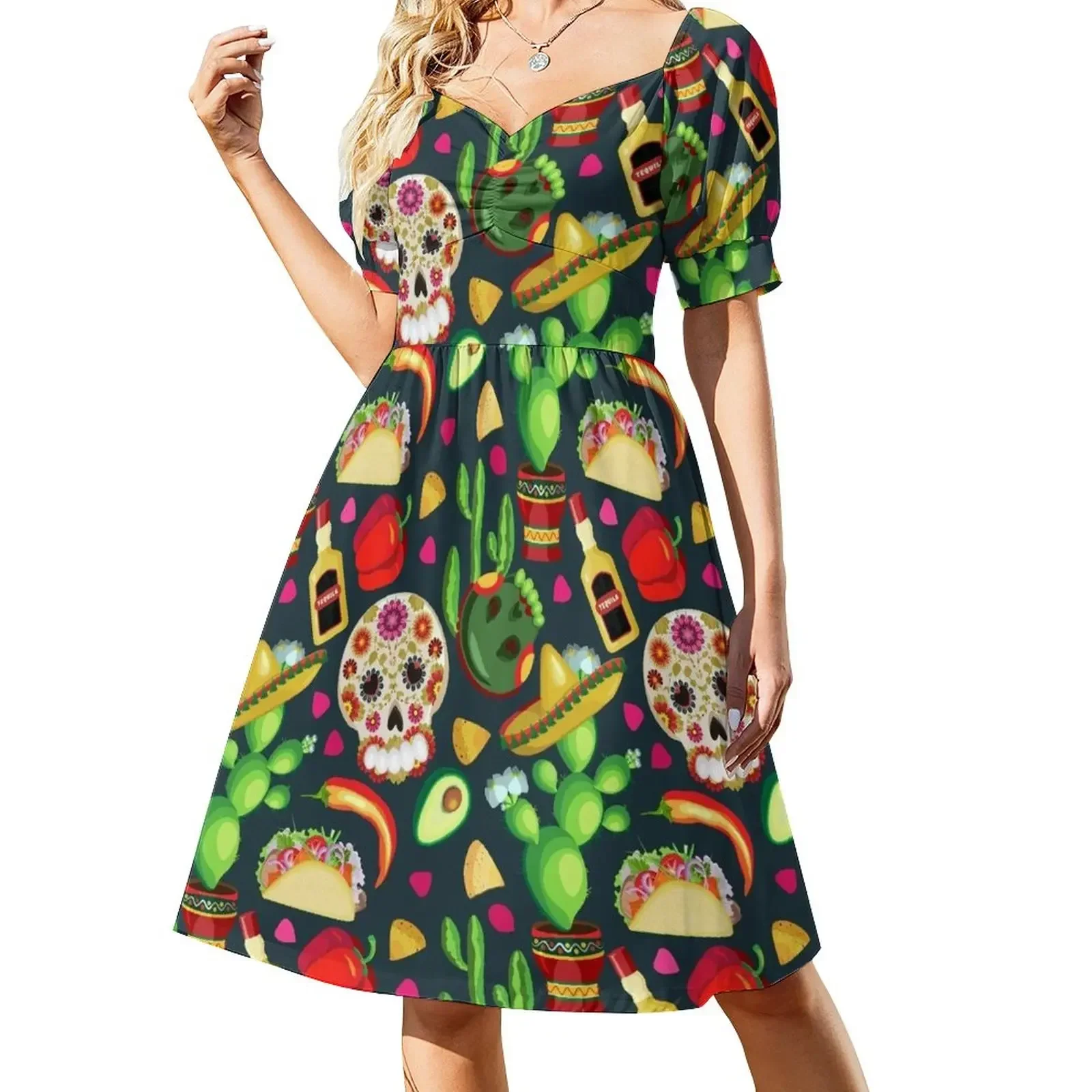 Holidays of Cinco de Mayo andDay of the Dead. Symbols of the Mexican holiday Short-Sleeved Dress Evening dresses Dress
Holidays of Cinco de Mayo andDay of the Dead. Symbols of the Mexican holiday Short-Sleeved Dress Evening dresses Dress