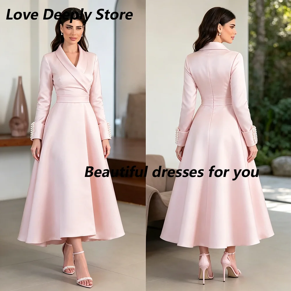 Pink Suit Formal Dresses Customized V-Neck Long Sleeves Pearls A Line Satin Evening Dress Tea Length Women's Wedding Party Dress
Pink Suit Formal Dresses Customized V-Neck Long Sleeves Pearls A Line Satin Evening Dress Tea Length Women's Wedding Party Dress