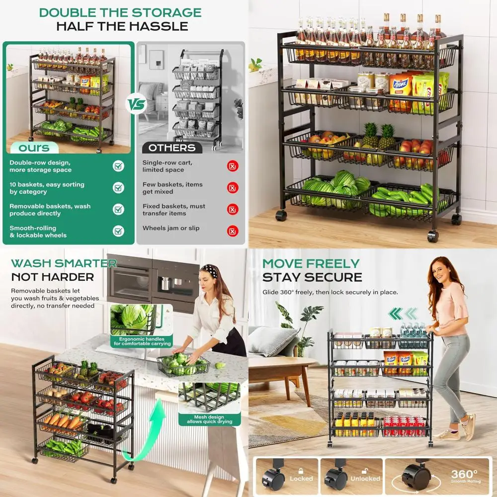4-х уровневая регулируемая тележка на колесиках с 10 корзинами, 29-металлический кухонный органайзер для хранения фруктов, овощей и картофеля (
4-х уровневая регулируемая тележка на колесиках с 10 корзинами, 29-металлический кухонный органайзер для хранения фруктов, овощей и картофеля (