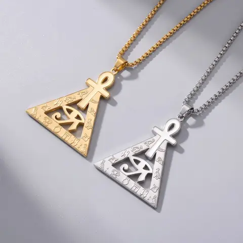 ステンレススチール製エジプトピラミッドアンククロスペンダントネックレス ホルスの目ヒエロギフ刻印入りボックスチェーン ユニセックス レトロエジプトシンボル