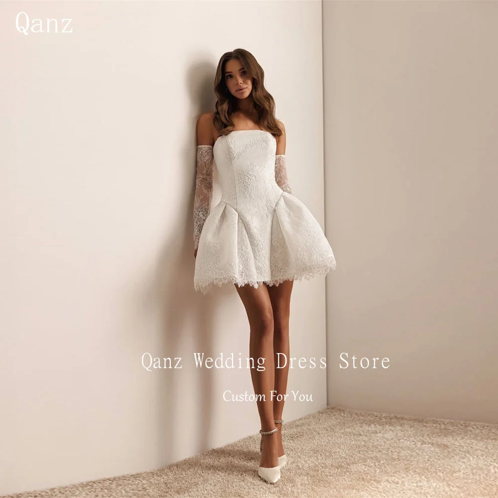 Qanz Chic Lace Appliques Mini Wedding Dresses Strapless Vestidos De Novia Short A Line Open Back Robe De Mariée Customized
Qanz Chic Lace Appliques Mini Wedding Dresses Strapless Vestidos De Novia Short A Line Open Back Robe De Mariée Customized