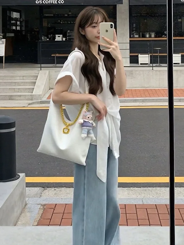 Korean Style Women's Summer Shirt And High Waist Jeans Two-Piece Set Slimming Short Sleeve Belted Waistline Fashionable Casual
Korean Style Women's Summer Shirt And High Waist Jeans Two-Piece Set Slimming Short Sleeve Belted Waistline Fashionable Casual