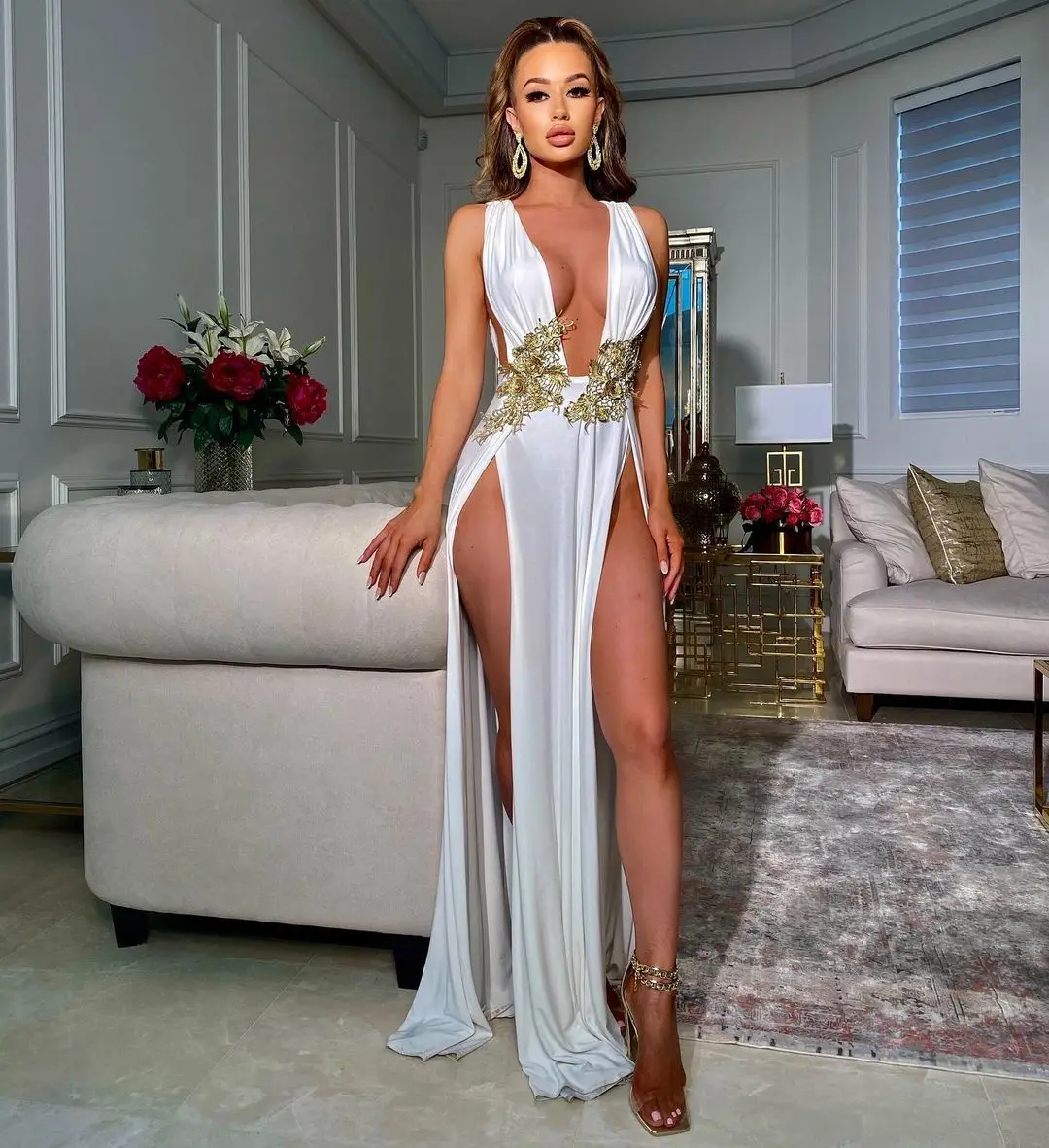 Summer Women Sexy V-Neck Sleeveless Lace High Split Long Club Party Evening Dress Lady Elegant Formal Wedding Swing Dresses
Summer Women Sexy V-Neck Sleeveless Lace High Split Long Club Party Evening Dress Lady Elegant Formal Wedding Swing Dresses