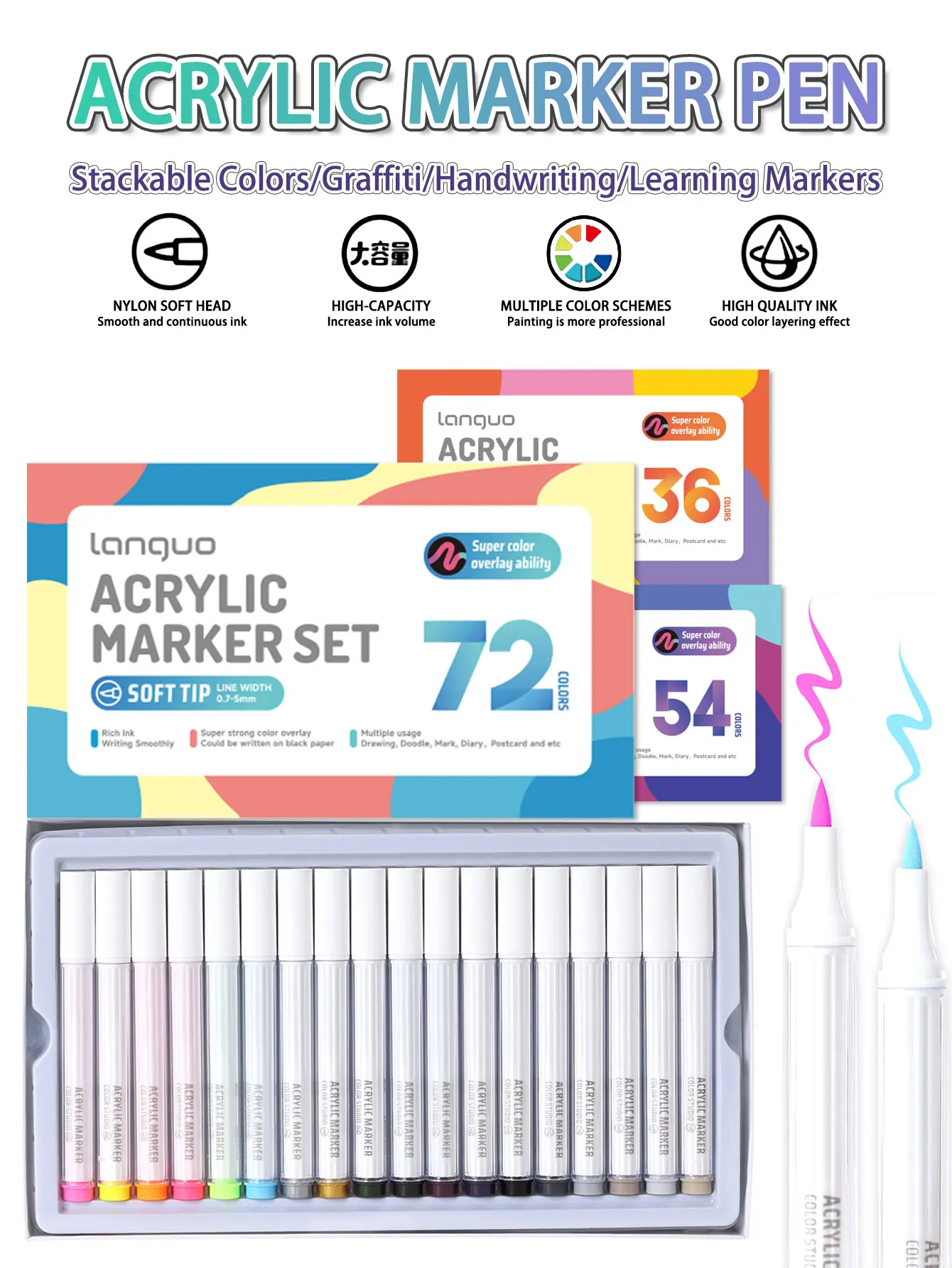 Languo 36/54/72 Colors Acrylic Markers Pen Set,DIY Hand Drawn,Paint Art Marker pens,Student Graffiti Paint Pens,M510
Languo 36/54/72 Colors Acrylic Markers Pen Set,DIY Hand Drawn,Paint Art Marker pens,Student Graffiti Paint Pens,M510
