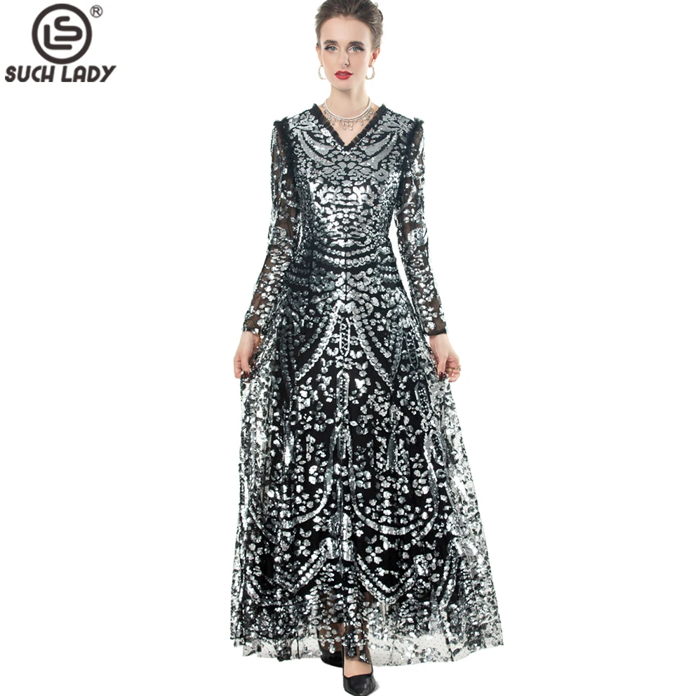Women's Dresses Sexy V Neck Long Sleeves Sequined Elegant Designer Fashion Maxi Party Prom Gown Vestidos 
Women's Dresses Sexy V Neck Long Sleeves Sequined Elegant Designer Fashion Maxi Party Prom Gown Vestidos