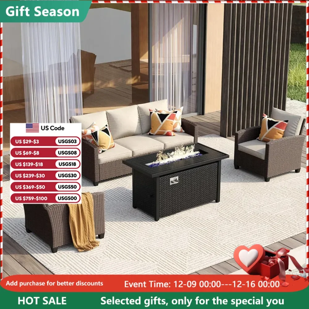 4 Pieces Outdoor Furniture Set, Patio Rattan Conversation Sets with Metal Fire Pit Table, 3-Seat Sofa Couch & Single Chairs
4 Pieces Outdoor Furniture Set, Patio Rattan Conversation Sets with Metal Fire Pit Table, 3-Seat Sofa Couch & Single Chairs