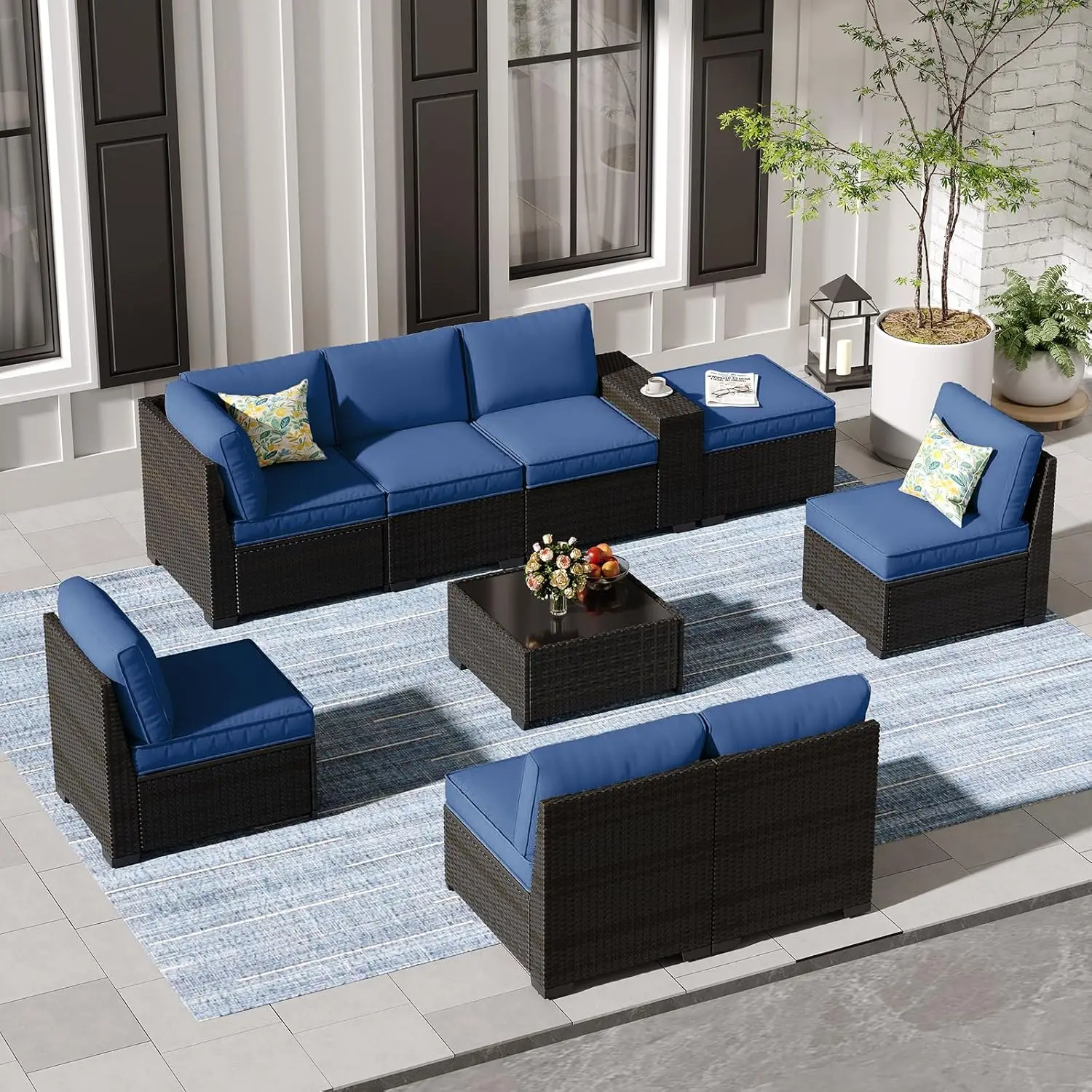 9-Piece Patio Furniture Set, All-Weather Outdoor Wicker Sectional Sofa with Cushions, Tempered Glass Table & Ottoman,, Custom
9-Piece Patio Furniture Set, All-Weather Outdoor Wicker Sectional Sofa with Cushions, Tempered Glass Table & Ottoman,, Custom