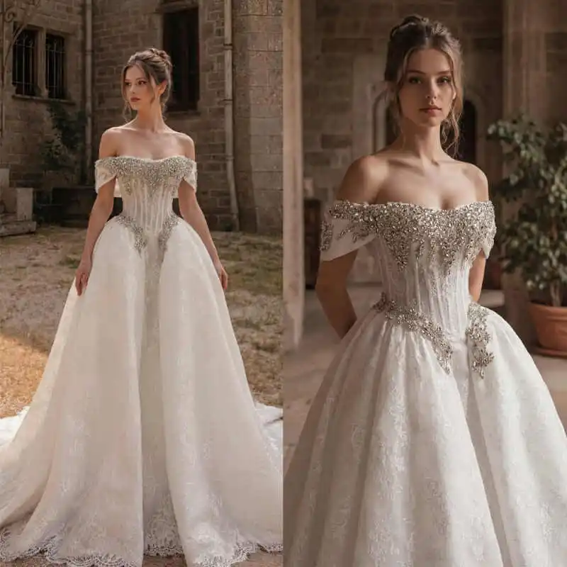 Shining Crystals Ball Gown Wedding Dresses Off Shoulder Sleeveless Bride For Women Lace Customized Robe De Mariéel
Shining Crystals Ball Gown Wedding Dresses Off Shoulder Sleeveless Bride For Women Lace Customized Robe De Mariéel
