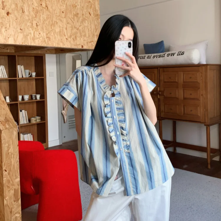 Vintage Ruffled Collar Striped Patchwork Blue Short-sleeve Blouse For Women's Summer Casual Street Off-shoulder Versatile Tops
Vintage Ruffled Collar Striped Patchwork Blue Short-sleeve Blouse For Women's Summer Casual Street Off-shoulder Versatile Tops