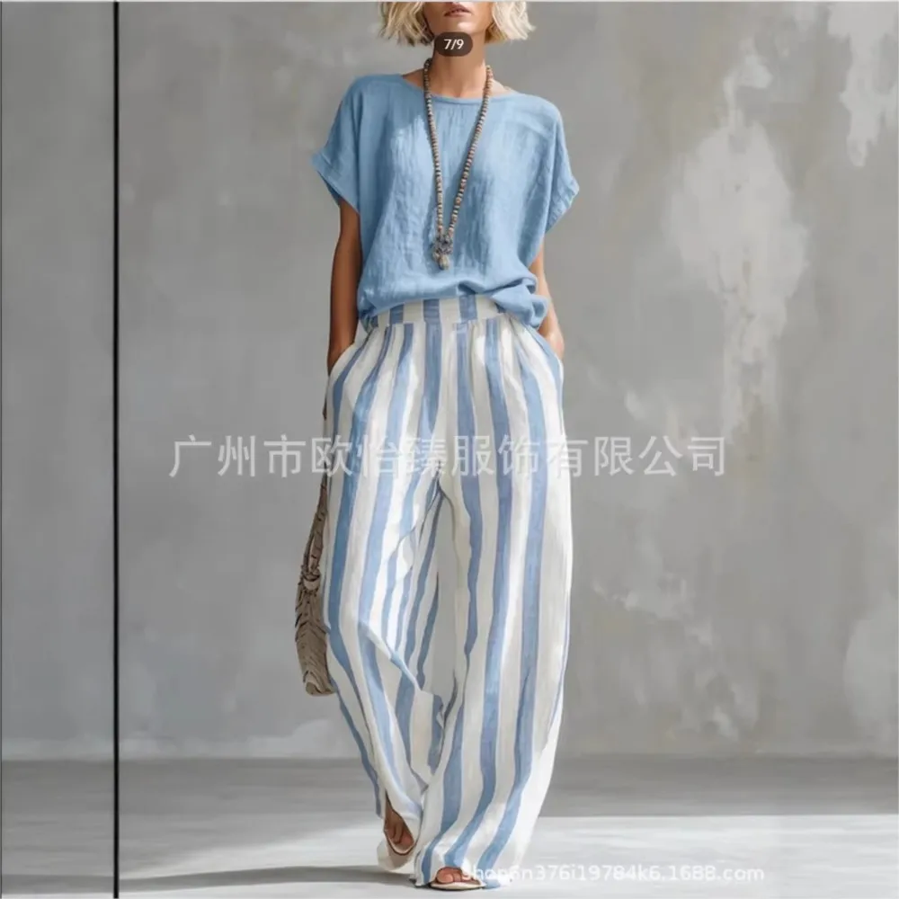 Fashion Linen Printed Striped Trousers Short-sleeved Women 2piece Set Summer New Retro Loose Wide-leg Trousers Female Casual Set
Fashion Linen Printed Striped Trousers Short-sleeved Women 2piece Set Summer New Retro Loose Wide-leg Trousers Female Casual Set