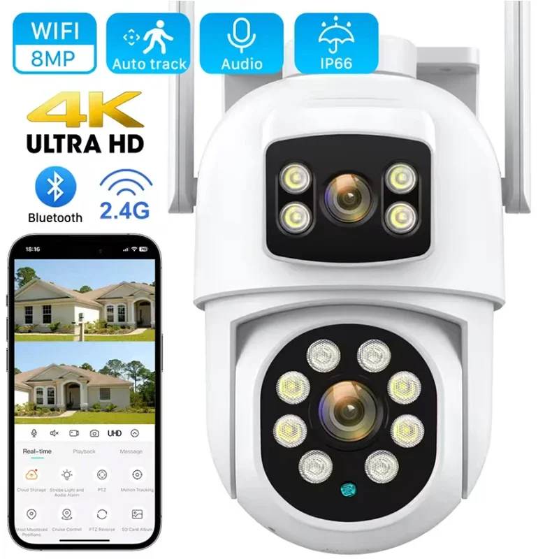 IP-камера 4K 8MP HD, уличная Wi-Fi камера с двумя объективами, двойной экран, PTZ-камера безопасности, автоматическое отслеживание, четкая камера ночного видения
IP-камера 4K 8MP HD, уличная Wi-Fi камера с двумя объективами, двойной экран, PTZ-камера безопасности, автоматическое отслеживание, четкая камера ночного видения