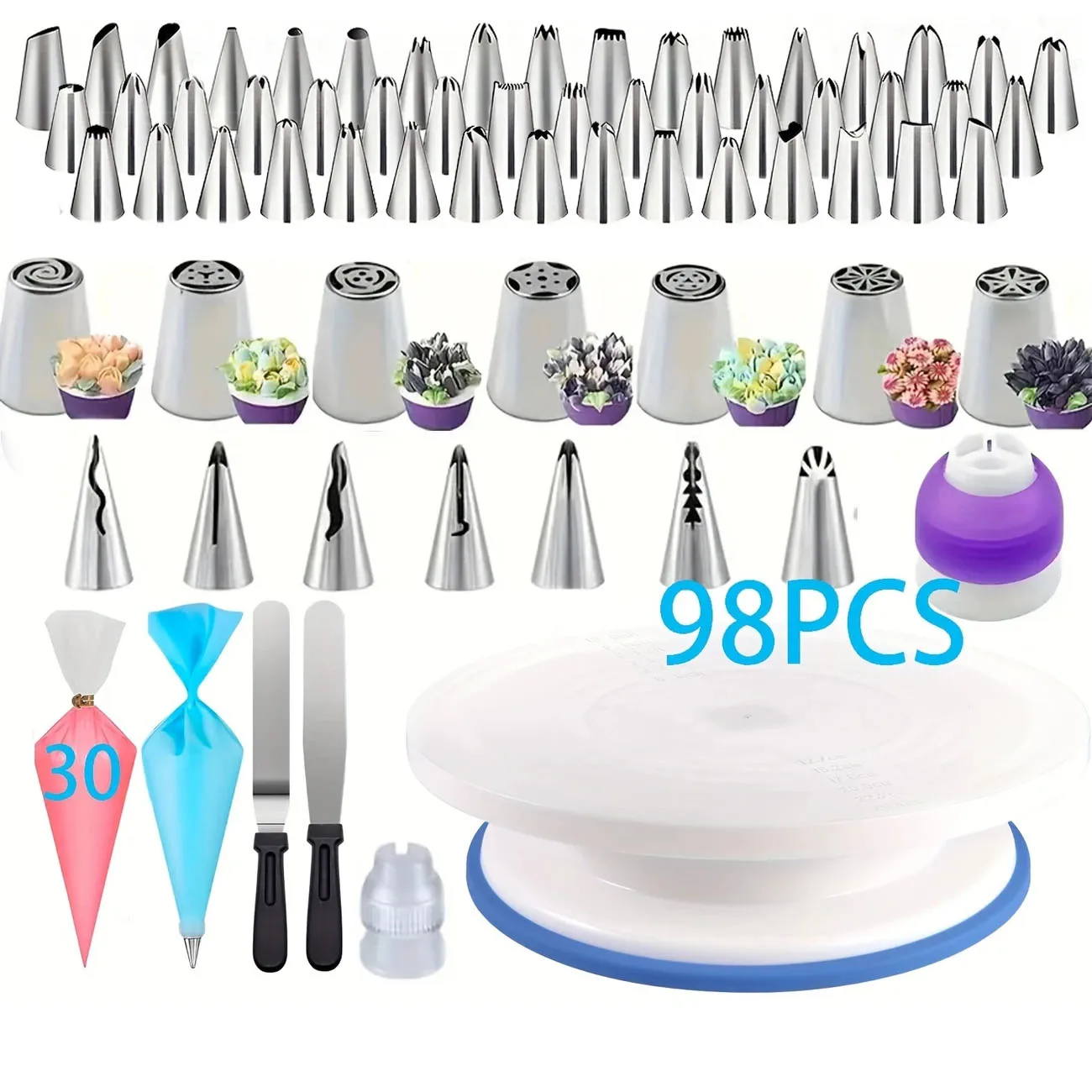 98Pcs Cake Decorating Tools Kit-62 Piping Tips,Blue Turntable &Tools for Buttercream Flowers,DIY Cakes Baking Tools Accessories 
98Pcs Cake Decorating Tools Kit-62 Piping Tips,Blue Turntable &Tools for Buttercream Flowers,DIY Cakes Baking Tools Accessories