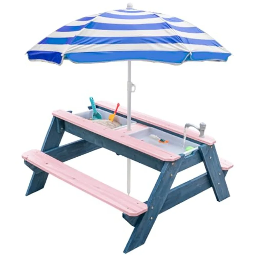 3-in-1 sand water activity table for outdoor use, wooden picnic-style convertible table with 2 play boxes, removable top featur
3-in-1 sand water activity table for outdoor use, wooden picnic-style convertible table with 2 play boxes, removable top featur