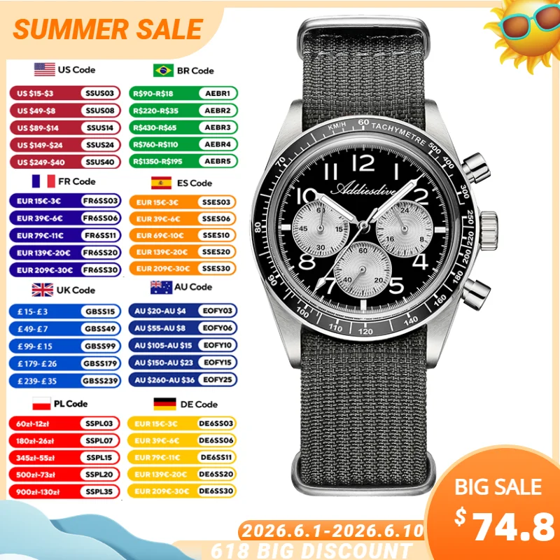 ADDIESDIVE Quartz Chronograph Watches 37mm Men's 100m Waterproof BGW9 Luminous Wristwatch Domed Bubble Glass Ceramic Bezel Watch
ADDIESDIVE Quartz Chronograph Watches 37mm Men's 100m Waterproof BGW9 Luminous Wristwatch Domed Bubble Glass Ceramic Bezel Watch