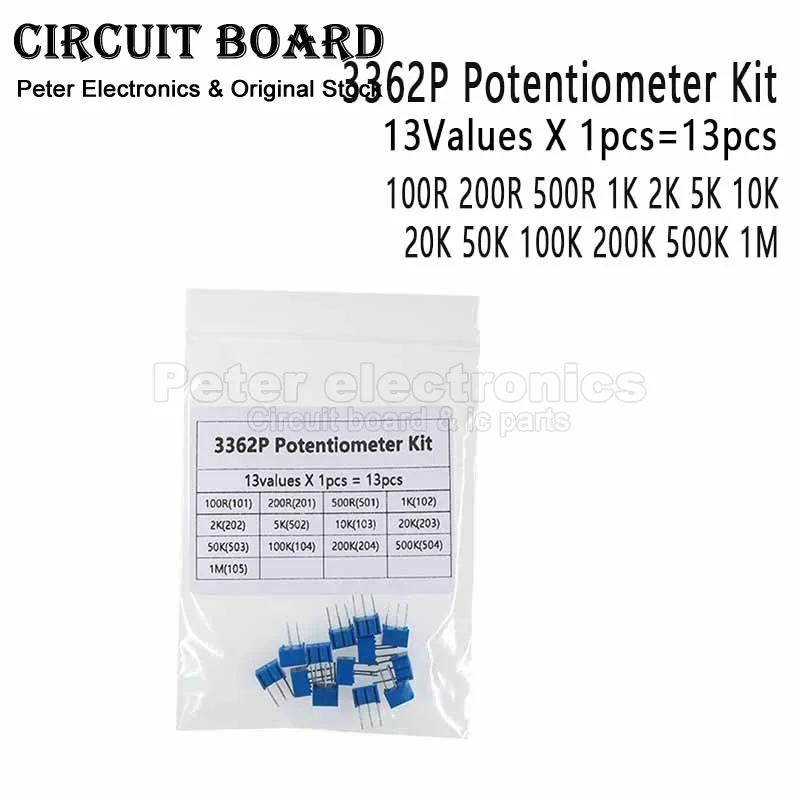 (13pcs) 3362P Potentiometer 100R 200R 500R 1K 2K 5K 10K 20K 50K100K 200K 500K 1M Assorted Kit 13values X 1Pcs Resistance
(13pcs) 3362P Potentiometer 100R 200R 500R 1K 2K 5K 10K 20K 50K100K 200K 500K 1M Assorted Kit 13values X 1Pcs Resistance