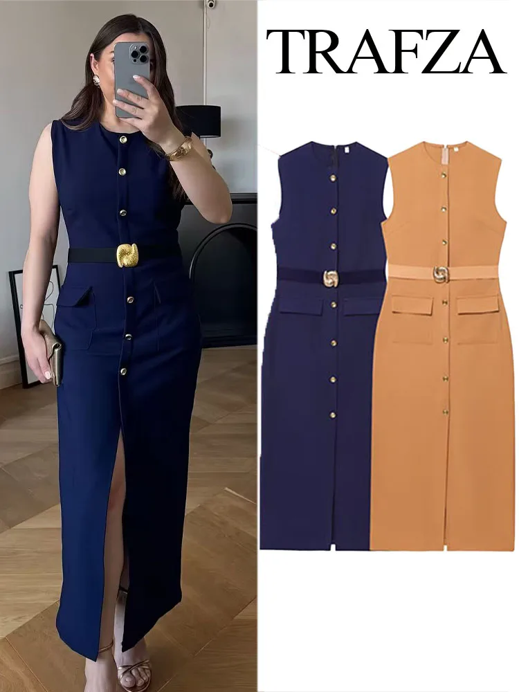 TRAFZA Women Summer Fashion Crew-Neck Single Breasted Hem Slit Belt Pocket Decorate Dress Female Elegant Slim Sleeveless Dress
TRAFZA Women Summer Fashion Crew-Neck Single Breasted Hem Slit Belt Pocket Decorate Dress Female Elegant Slim Sleeveless Dress