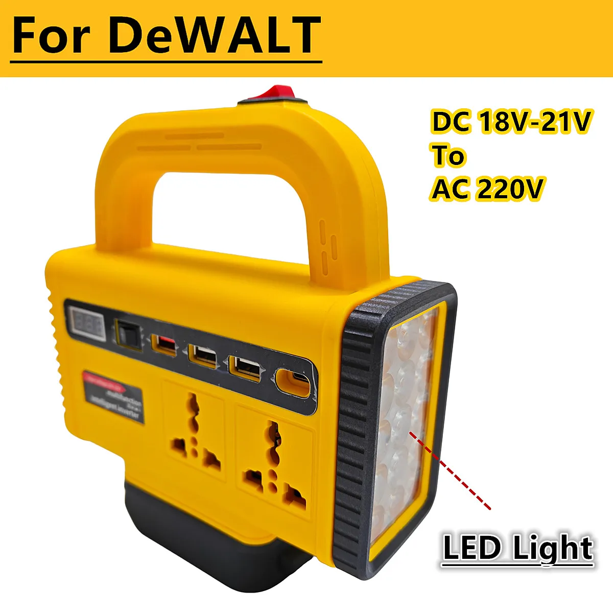 For DEWALT 20V Battery 150W Battery Inverter DC 20V To 220V Power Converter & LED Work Light 2 in 1 High Power Transformer
For DEWALT 20V Battery 150W Battery Inverter DC 20V To 220V Power Converter & LED Work Light 2 in 1 High Power Transformer
