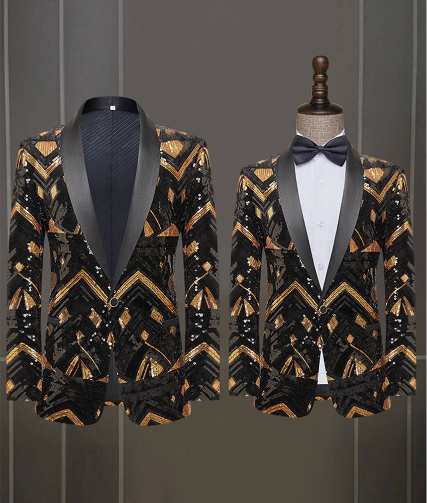 New black and gold sequin men's suit jacket for performance and formal wear; European and American style Celebrity Gowns
New black and gold sequin men's suit jacket for performance and formal wear; European and American style Celebrity Gowns