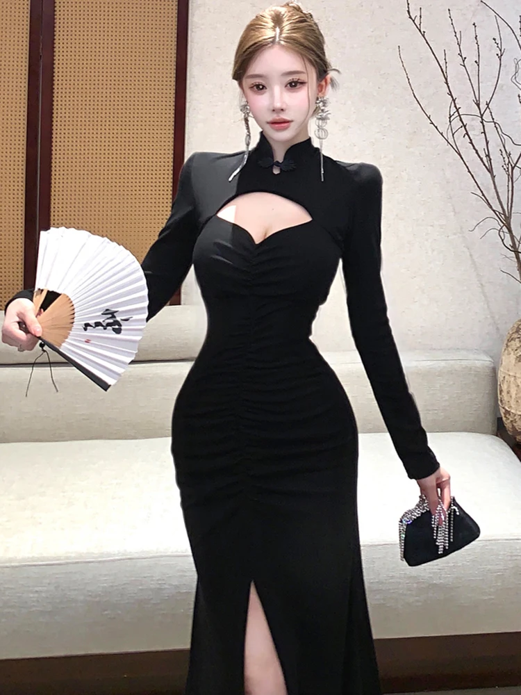 Women Korean Vintage Luxury Festival Long Dress Autumn Winter Black Hollow Out Stand Collar Sexy Dress 2025 Bodycon Party Dress
Women Korean Vintage Luxury Festival Long Dress Autumn Winter Black Hollow Out Stand Collar Sexy Dress 2025 Bodycon Party Dress