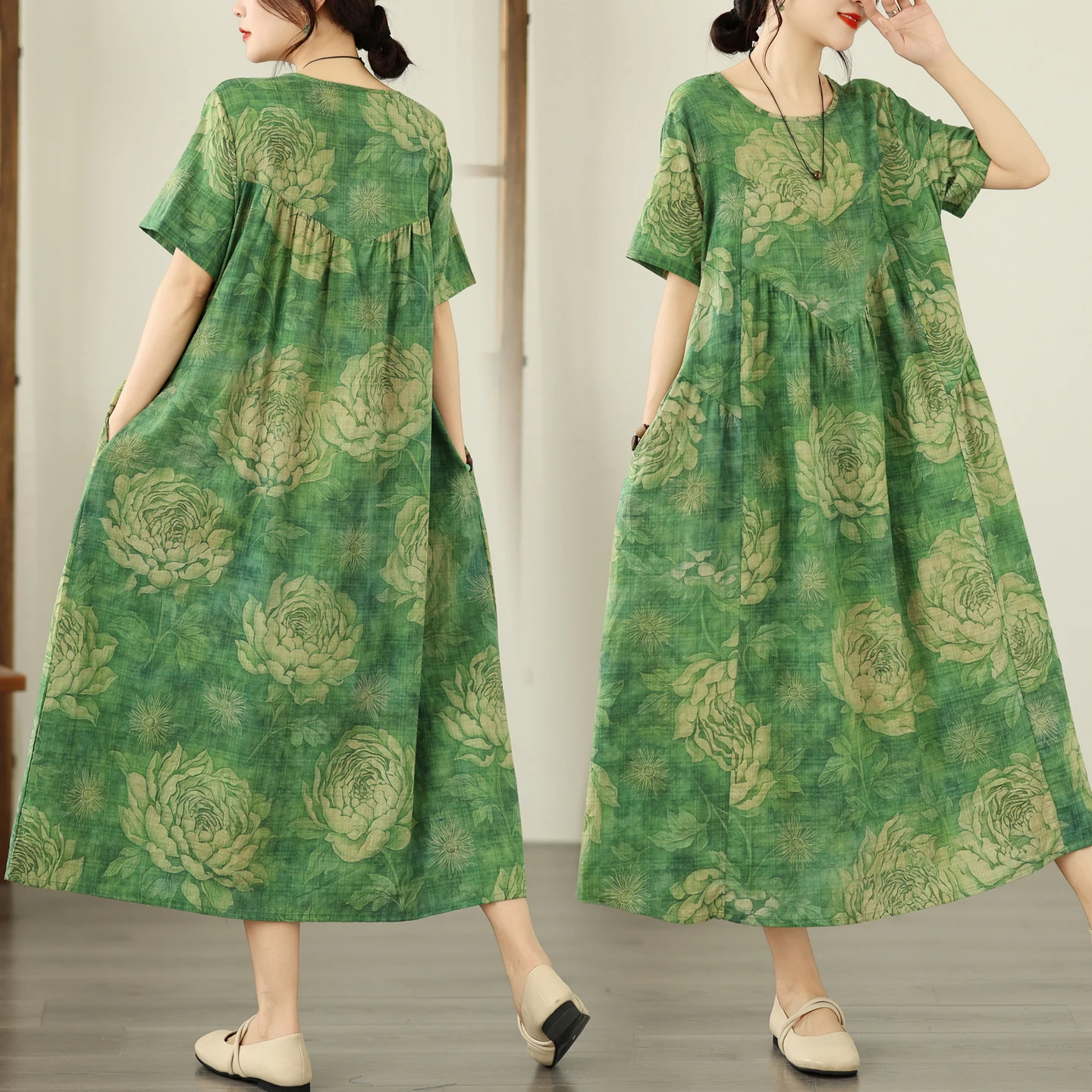 Summer New Vintage Bamboo Fiber Loose A-Line Dress Women's round Neck Pocket Short Sleeve Long Dress Artistic Style High Waist
Summer New Vintage Bamboo Fiber Loose A-Line Dress Women's round Neck Pocket Short Sleeve Long Dress Artistic Style High Waist