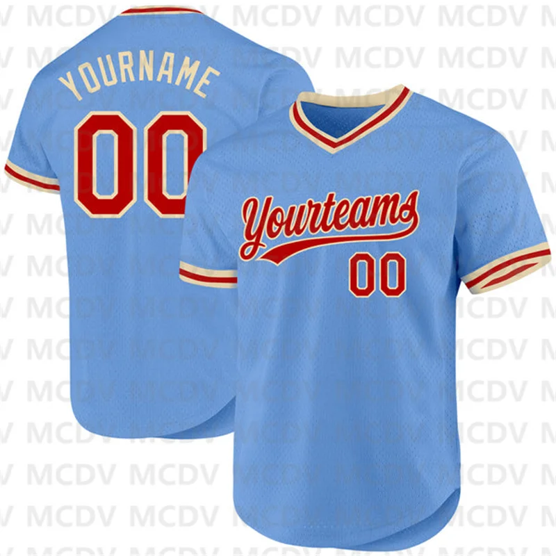 Custom Light Blue Red Authentic Throwback Baseball Jersey 3d Printed Sports T-Shirts
Custom Light Blue Red Authentic Throwback Baseball Jersey 3d Printed Sports T-Shirts