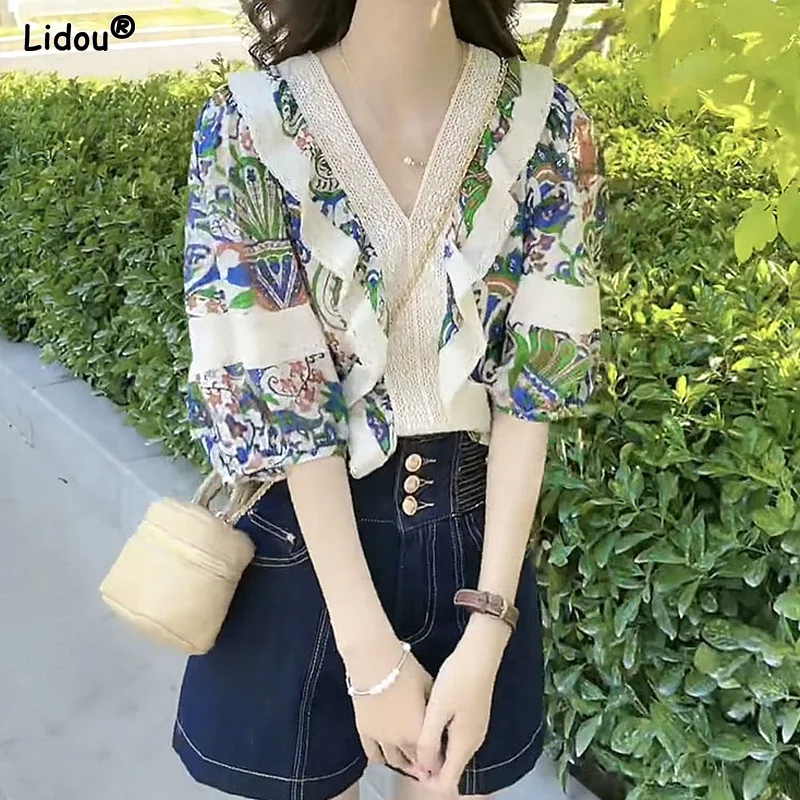 Pullovers Three Quarter Sleeve Puff Sleeve Loose Spring Summer Thin Women's Clothing Ruffles Printing Fashion V-neck Beach Style
Pullovers Three Quarter Sleeve Puff Sleeve Loose Spring Summer Thin Women's Clothing Ruffles Printing Fashion V-neck Beach Style