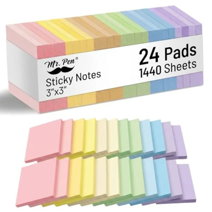 - Sticky Notes, 3"x3", 24 Pads, 1440 Sheets, Pastel Colors, Sticky Notes Bulk, Self-Stick Note Pads, Perfect for Office, School
- Sticky Notes, 3"x3", 24 Pads, 1440 Sheets, Pastel Colors, Sticky Notes Bulk, Self-Stick Note Pads, Perfect for Office, School