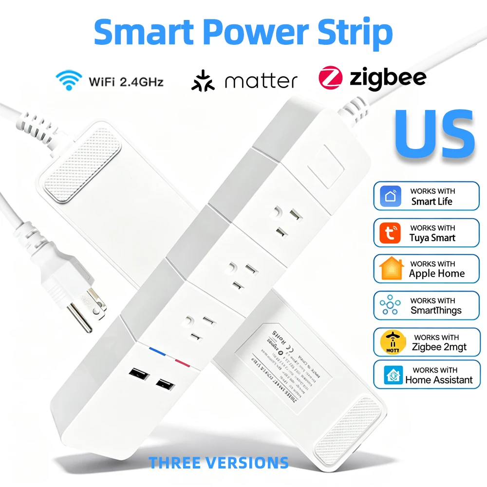 BORUIDAPLS US ZigBee/Matter/WiFi Smart Power Strip Timer Voice Socket Remote Control Applicable to Tuya Siri Google Home Alexa