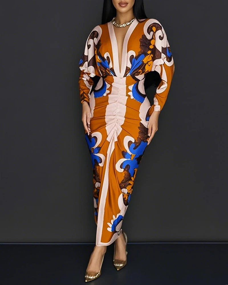Women's Dress Abstract Print Plunge Long Sleeve Maxi Ruched Dress Vintage Printed Pleated Waist Cinching Elegant Dress
Women's Dress Abstract Print Plunge Long Sleeve Maxi Ruched Dress Vintage Printed Pleated Waist Cinching Elegant Dress