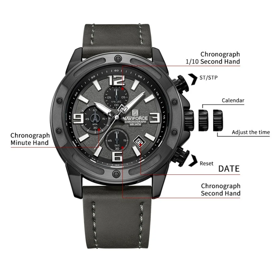 NAVIFORCE Man‘s Waterproof Quartz Timing Night Light Watch Business Leather Strap Watch Display Multi Functional Boy Wrist Watch
NAVIFORCE Man‘s Waterproof Quartz Timing Night Light Watch Business Leather Strap Watch Display Multi Functional Boy Wrist Watch
