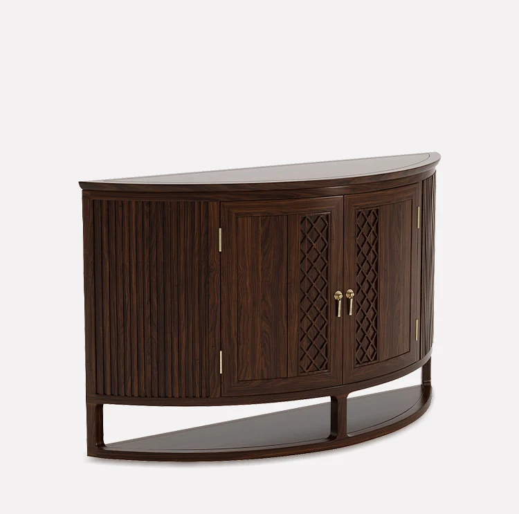 New Chinese-style ebony wood strip case against the wall entrance platform Semicircular arc solid wood entrance cabinet
New Chinese-style ebony wood strip case against the wall entrance platform Semicircular arc solid wood entrance cabinet
