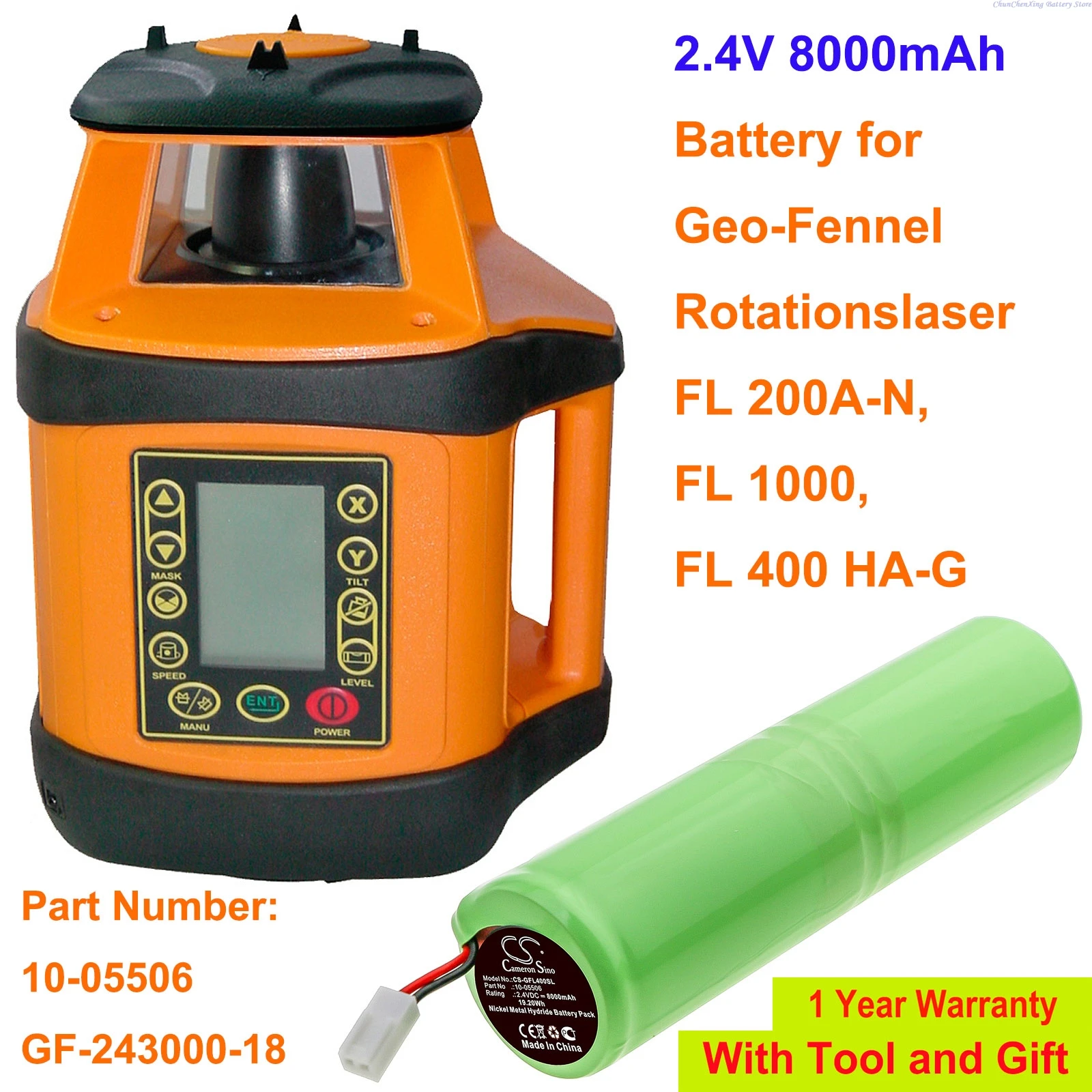 Cameron Sino 2.4V 8000mAh Battery 10-05506, GF-243000-18 for Geo-Fennel Rotationslaser FL 400 HA-G, FL 200A-N, FL 1000 +TOOL
Cameron Sino 2.4V 8000mAh Battery 10-05506, GF-243000-18 for Geo-Fennel Rotationslaser FL 400 HA-G, FL 200A-N, FL 1000 +TOOL