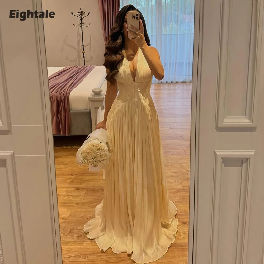 Eightale Arabic Evening Dress Halter Crepe Customized Muslim Floor Length Champagne A-Line Prom Wedding Party Gown
Eightale Arabic Evening Dress Halter Crepe Customized Muslim Floor Length Champagne A-Line Prom Wedding Party Gown