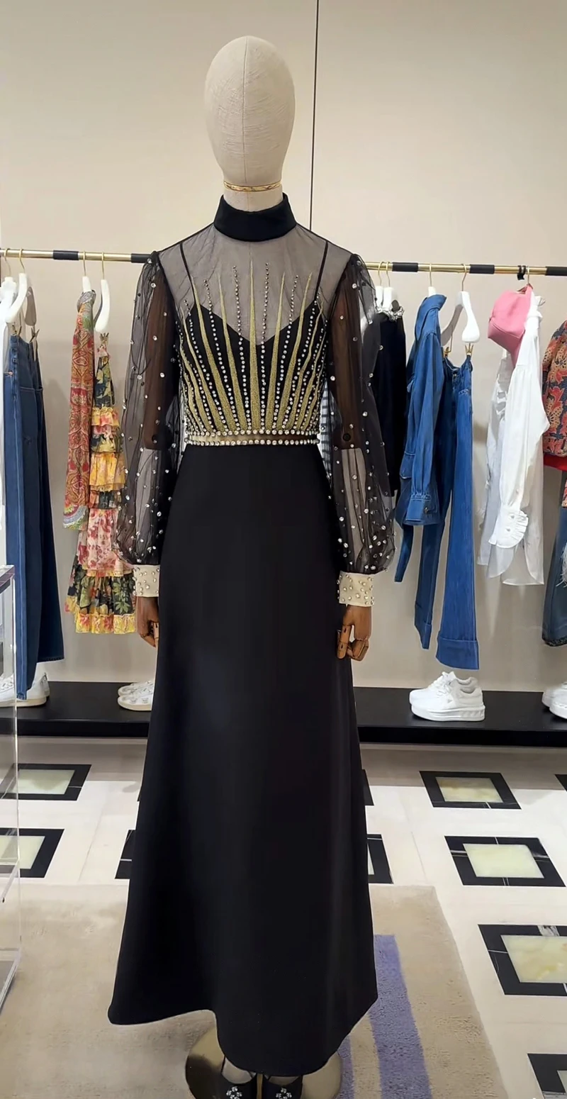 Luxury Black Evening Dress Top Quality Handmade Diamonds Silk Wool Dress Fashion Embroidery Patchwork Mesh Long Dress
Luxury Black Evening Dress Top Quality Handmade Diamonds Silk Wool Dress Fashion Embroidery Patchwork Mesh Long Dress
