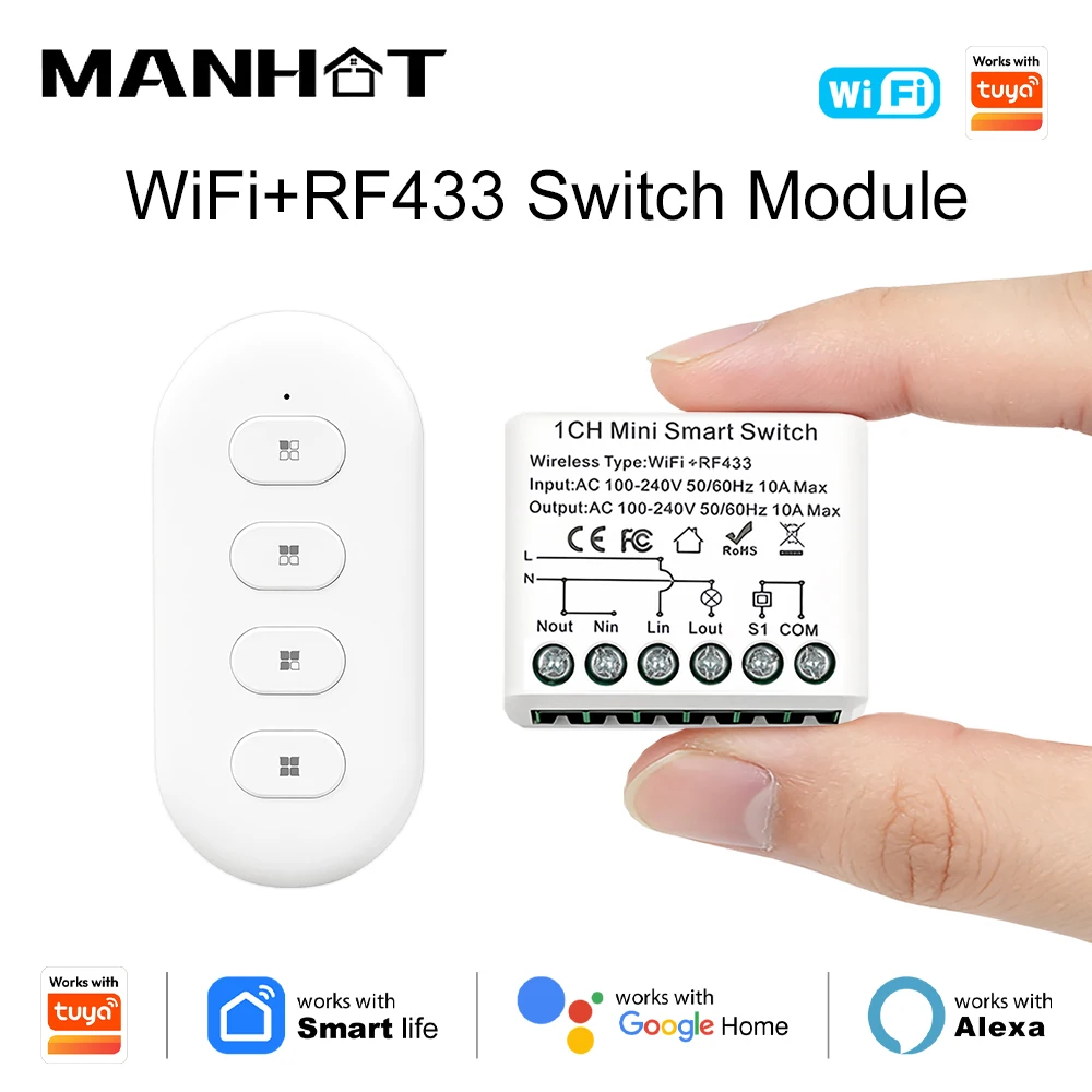 MANHOT Ultra Mini WiFi Smart Switch Smart Life WiFi+RF433 10A Relay Module Voice Control Work with Tuya Alexa Google Assistant