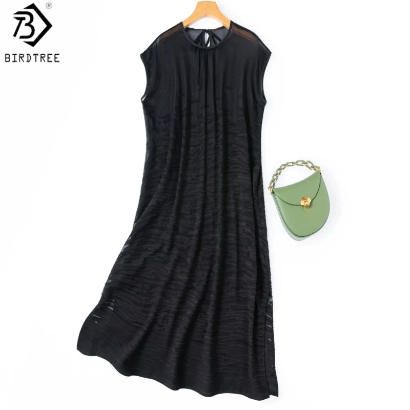 BirdTree, 100% Real Silk Jacquard Dress, O-neck Smock, Women Clip-spot Sheer Black Loose Dresses, 2026 Summer New D65909JF
BirdTree, 100% Real Silk Jacquard Dress, O-neck Smock, Women Clip-spot Sheer Black Loose Dresses, 2026 Summer New D65909JF