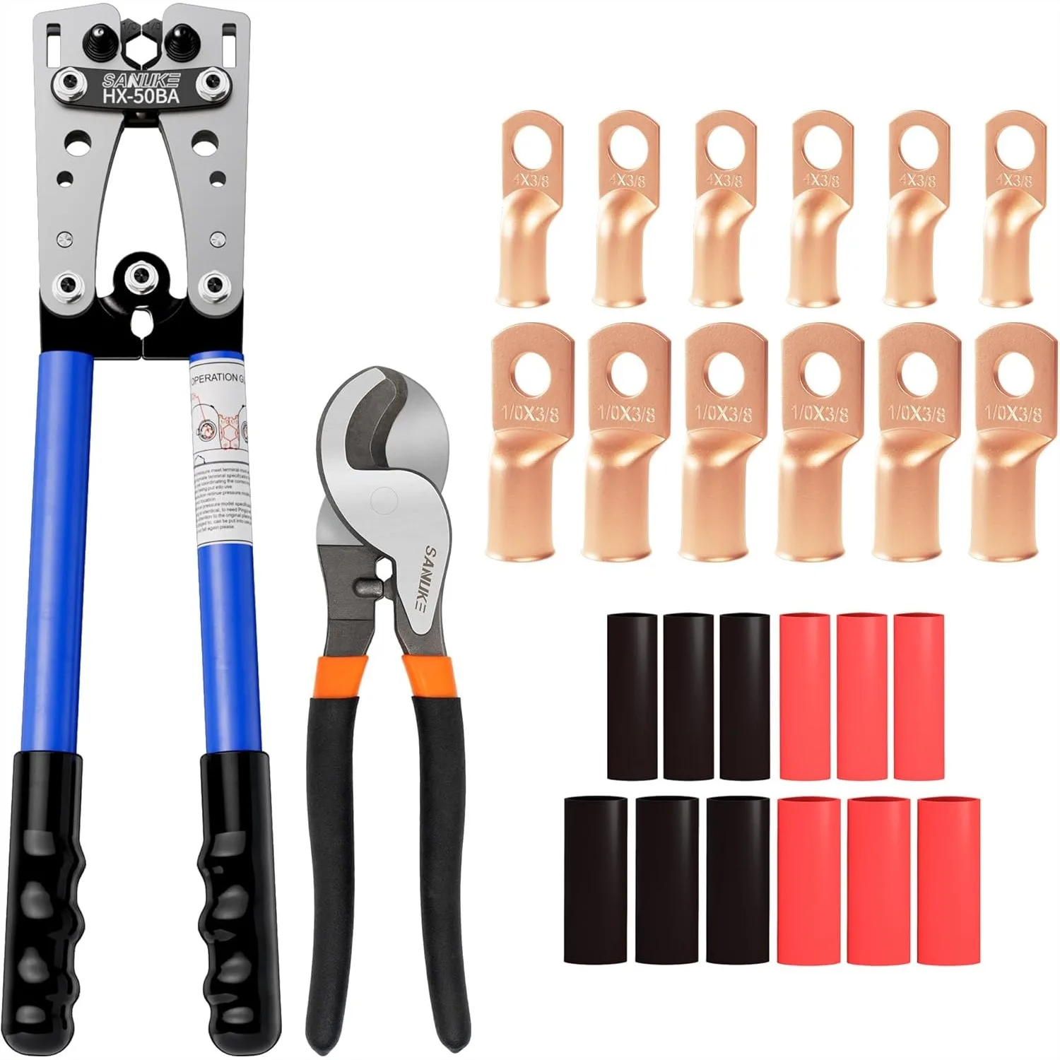 Battery Cable Crimping Tool Kit with Wire Lug Crimper for AWG 8-1/0, Cable Cutter, Ring Terminals & Heat Shrink Tubing
Battery Cable Crimping Tool Kit with Wire Lug Crimper for AWG 8-1/0, Cable Cutter, Ring Terminals & Heat Shrink Tubing