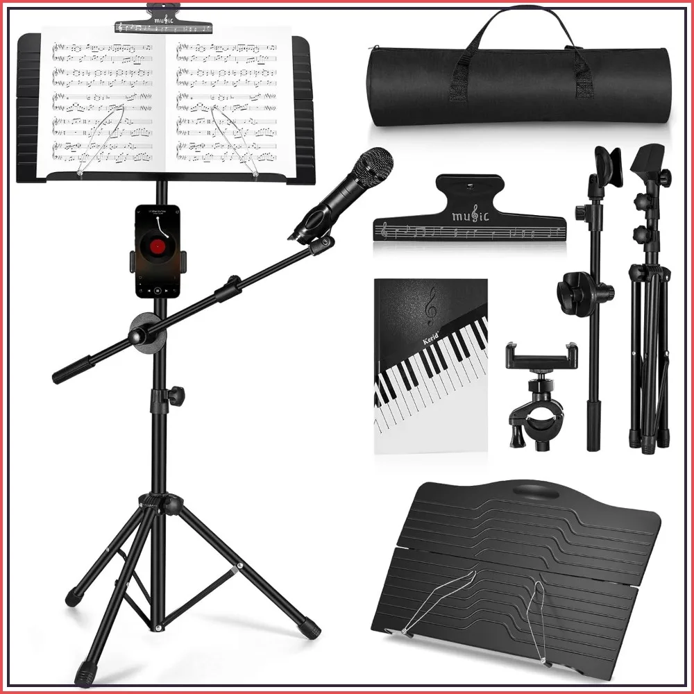 Adjustable Folding Sheet Music Stand with Microphone Holder & Phone Stand, Portable with Carrying Bag
Adjustable Folding Sheet Music Stand with Microphone Holder & Phone Stand, Portable with Carrying Bag