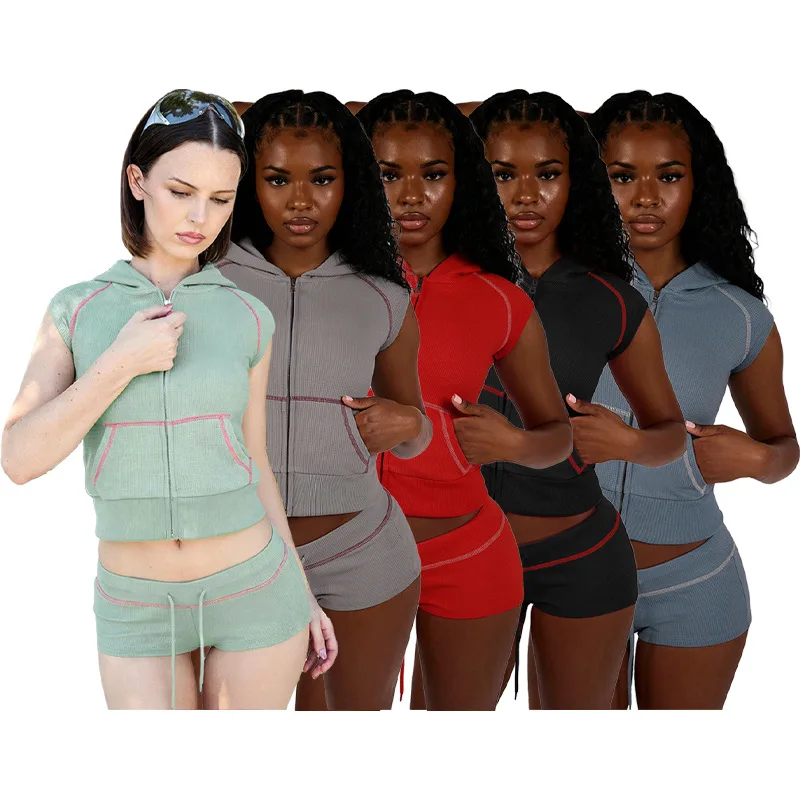 HR26021 New Women's Wear Waffle Textured Fabric, Hooded Zipper Top Drawstring Shorts Two-piece Set
HR26021 New Women's Wear Waffle Textured Fabric, Hooded Zipper Top Drawstring Shorts Two-piece Set