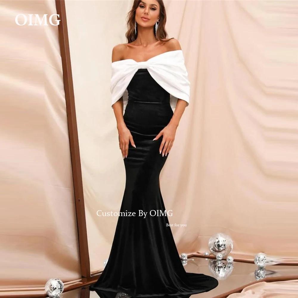 OIMG Simple Black And White Mermaid Evening Dresses With Boloro Off the Shoulder Sleeves Arabic Women Formal Party Prom Gowns
OIMG Simple Black And White Mermaid Evening Dresses With Boloro Off the Shoulder Sleeves Arabic Women Formal Party Prom Gowns