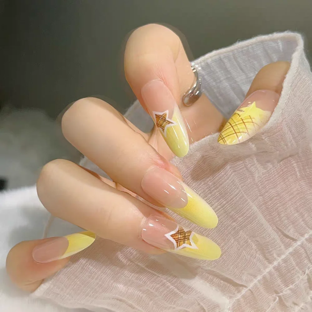 10Pcs Summer Long Oval Fake Nails with Cute Yellow Stars Check Design Wearable Press on False Nails Jelly Stick-ons 
10Pcs Summer Long Oval Fake Nails with Cute Yellow Stars Check Design Wearable Press on False Nails Jelly Stick-ons