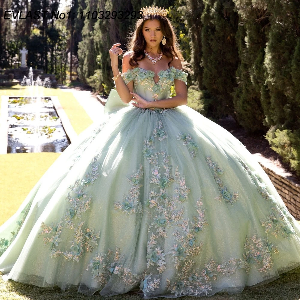 EVLAST блестящее шалфено-зеленое бальное платье Quinceanera по индивидуальному заказу, кружевное платье с цветочной аппликацией и бантом, милое платье 16, Vestidos De 15 Anos E1Q567 
EVLAST блестящее шалфено-зеленое бальное платье Quinceanera по индивидуальному заказу, кружевное платье с цветочной аппликацией и бантом, милое платье 16, Vestidos De 15 Anos E1Q567